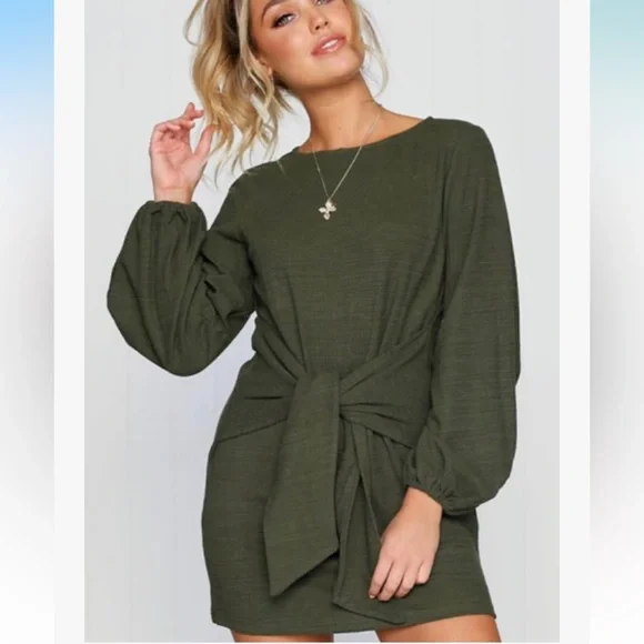 Olive Green Tie Waist Wrap Dress - Picture 3 of 5